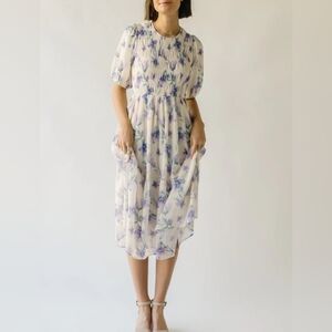 Polagram Women’s Chiffon Floral Watercolor Midi Belted Dress Smocked Bodice S